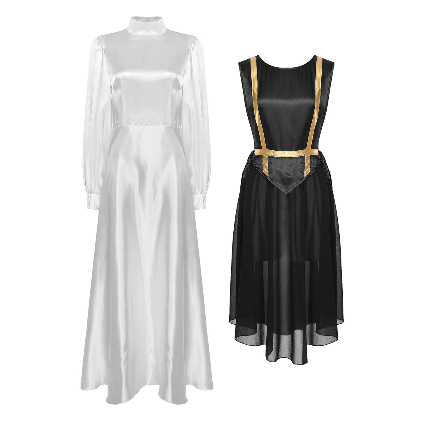 Women Liturgical Dance Choir Performance Costume Round Neck Sleeveless Lace-up Sides Split Satin Tunic Church Worship Dress Gown