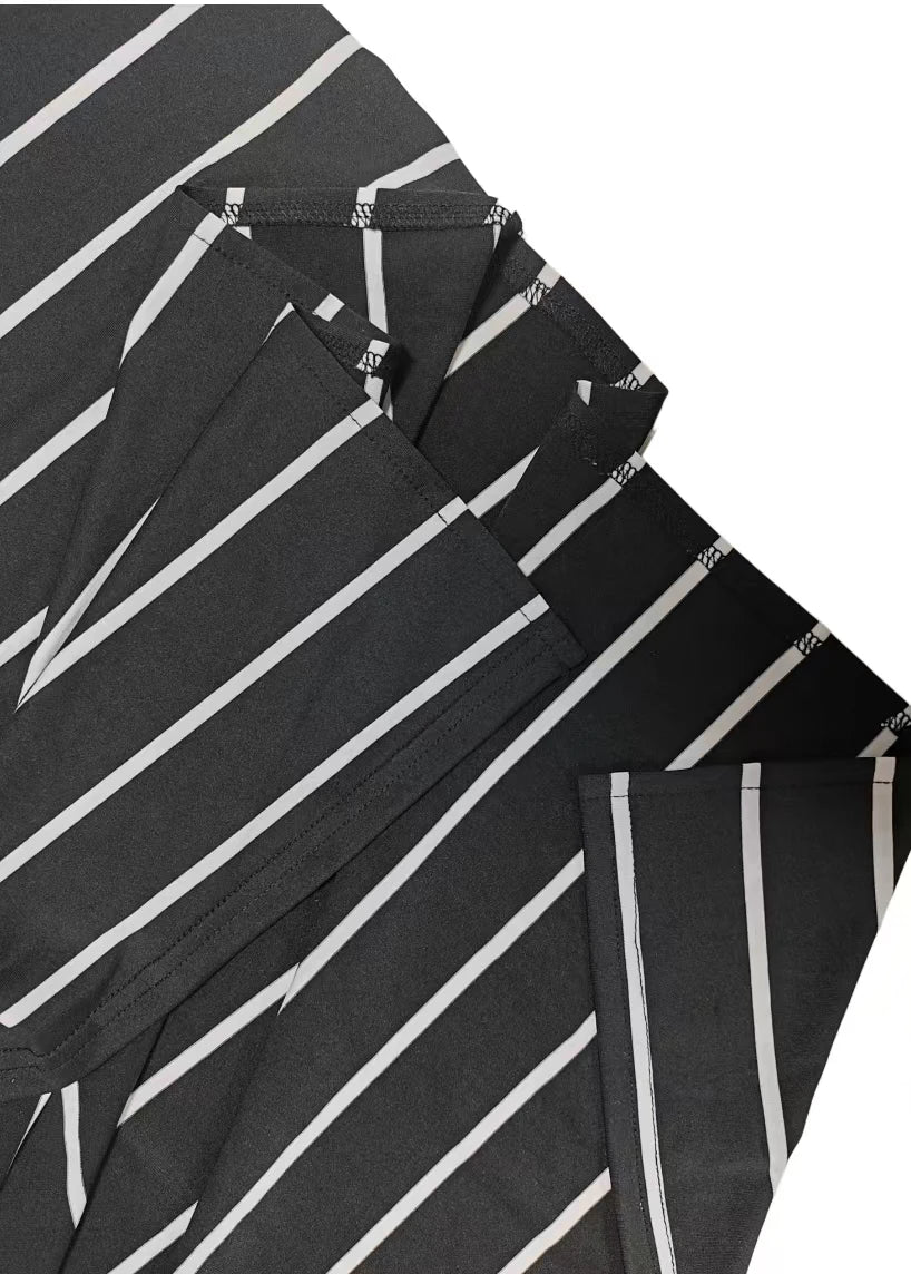 Elegant Black and White Striped Side Slit Vacation Dress