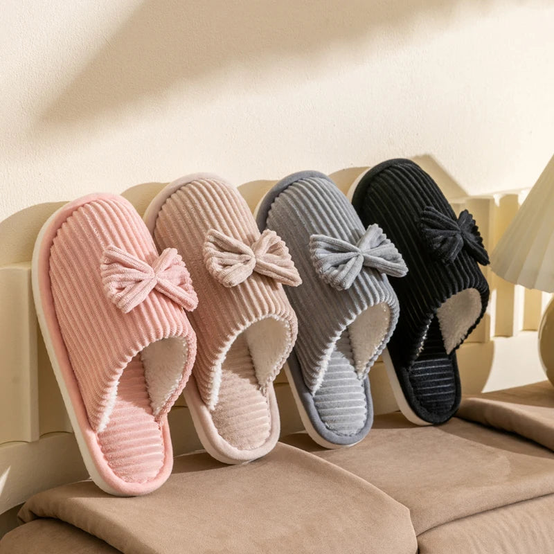 Women’s Bowknot Plush Slippers – Cozy Indoor Fleece Slides