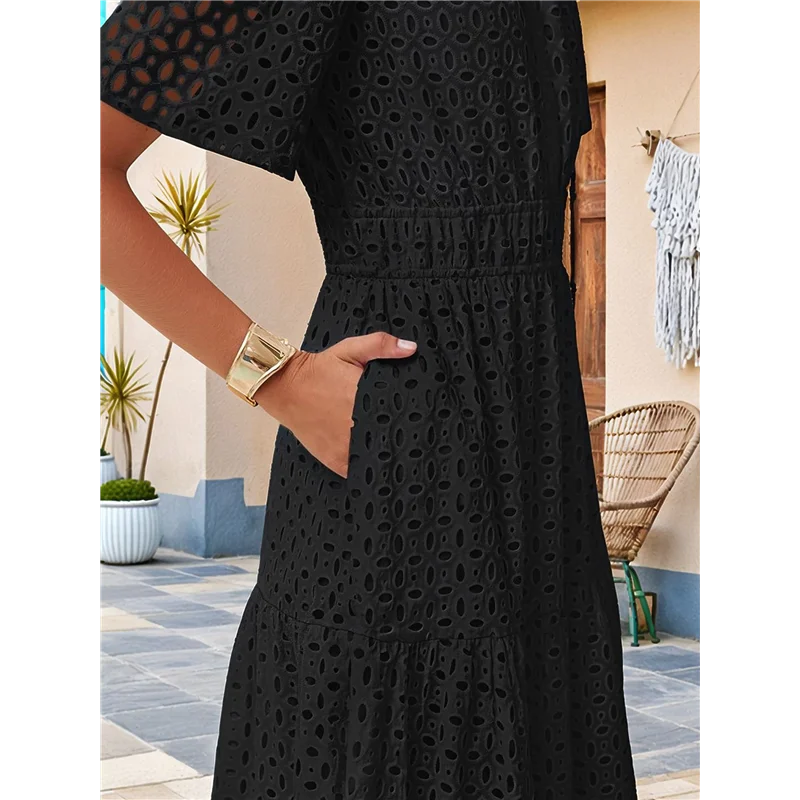 ASDS-Women's Summer Short Sleeve Maxi Dress Casual V Neck Hollow Out Eyelet Ruffle Swing A Line Long Dresses