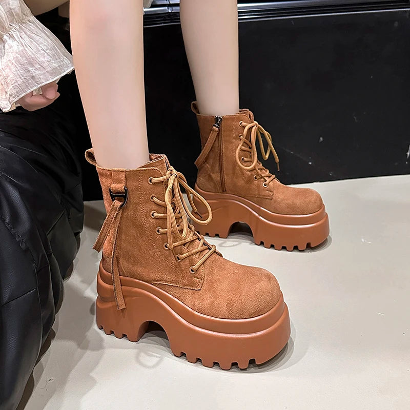 Ankle Boots For Women New 2025 Winter Motorcycle Boots 9CM Wedge Heels High Platform Shoes Woman Autumn Thick Sole Punk Boots