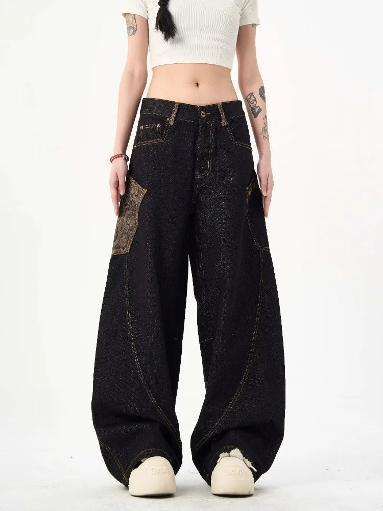 2025 Cyber Y2K Streetwear Snake Patchwork Black Baggy Stacked Cargo Jeans Pants For Women Clothes Lady Denim Trousers Ropa Mujer