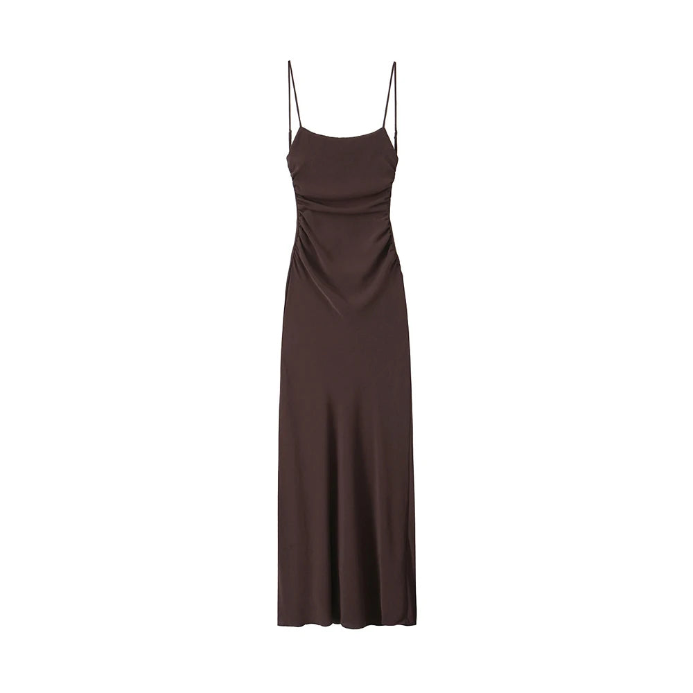 Draped Midi Dress for Women, Straight Neck, Thin Straps, Backless Female Dresses, Chic Fashion