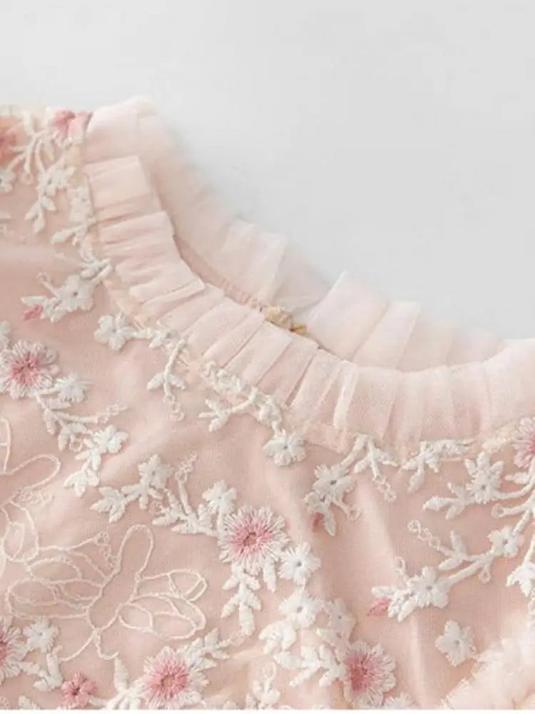 Embroidered Floral Flying Sleeve Lady Dress 2025 Summer O-Neck Elastic Waist Ruffles Mesh Women's Long Dresses
