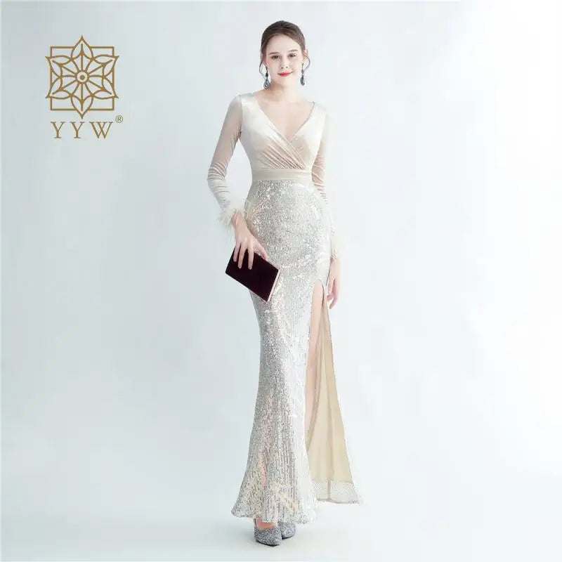 Black Dress For Women 2023 Deep V Autumn Winter Formal Evening Mermaid Long Sleeve Feather Maxi Cocktail Vestidos Celebrity Gown