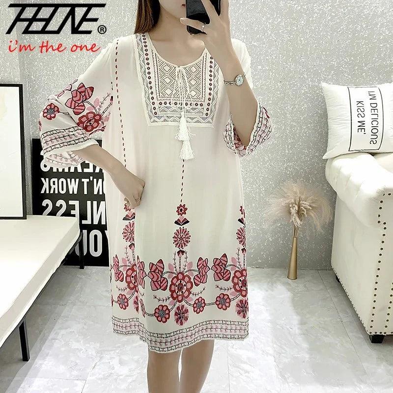 THHONE Vestidos De Mujer Casuales Dress Women Maxi Long Boho New Vacation Indian Robe Femmes Casual Floral V Neck Elastic Cotton