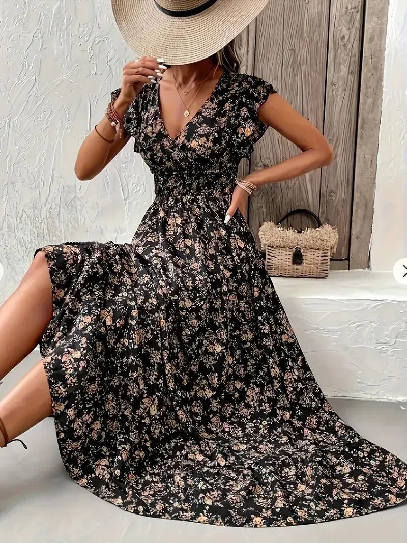Plus Size Women's Casual Long Dress Trendy Floral Maxi Dress with All-Over Petal Prints & Relaxed Silhouette