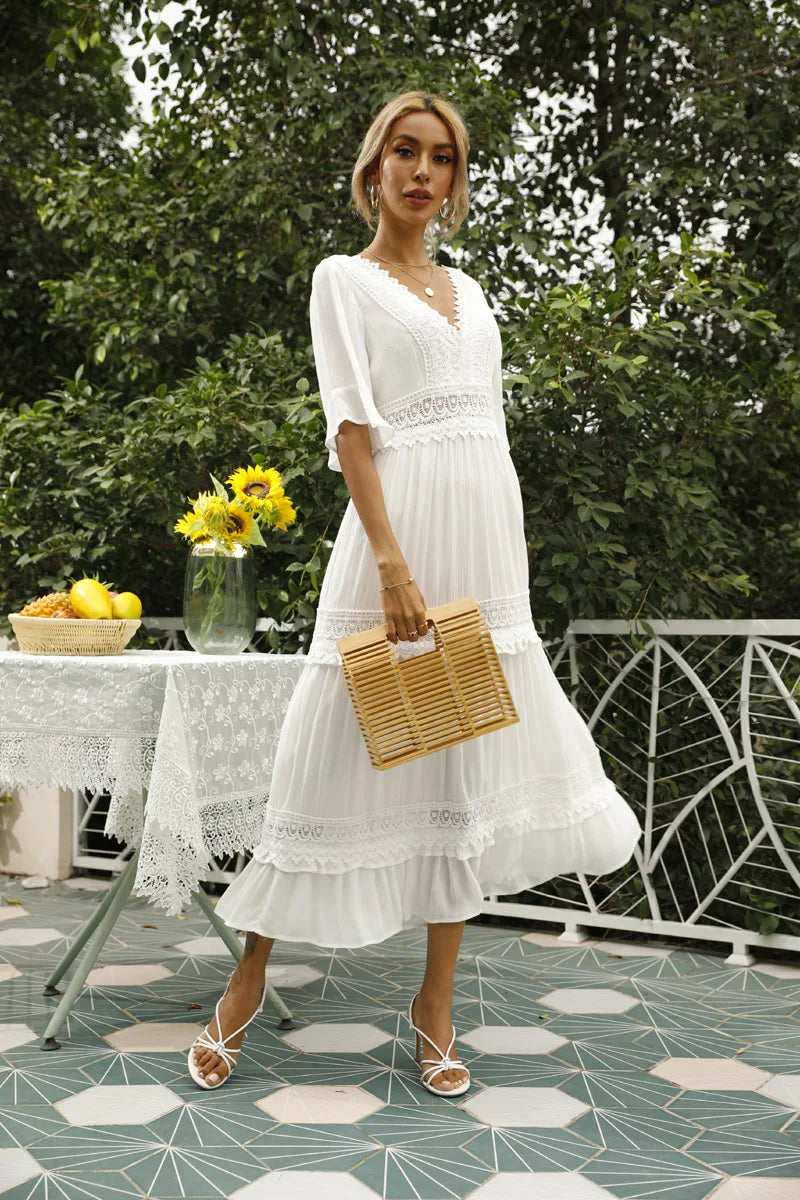 Summer White Maxi Dress for Women 2025 Lace Bohemian V-neck Solid Ruffles Beach Cover Up Wedding Party Vestidos