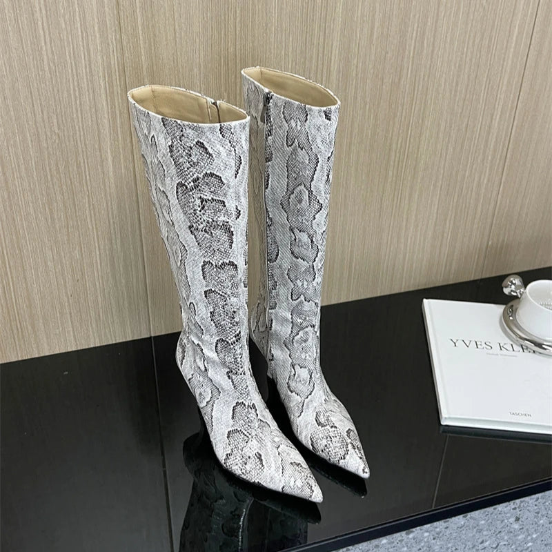 New Mixed Color Snake Patterned Side Zipper Knee High Boots Autumn Winter European American Fashion Pointed High-heel Long Boots