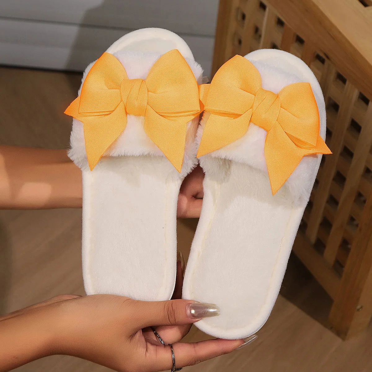 Womens Bow Tie Plush Indoor Slippers - Cozy & Warm