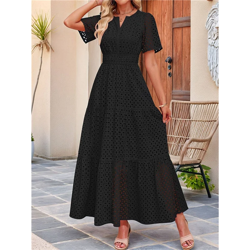 ASDS-Women's Summer Short Sleeve Maxi Dress Casual V Neck Hollow Out Eyelet Ruffle Swing A Line Long Dresses