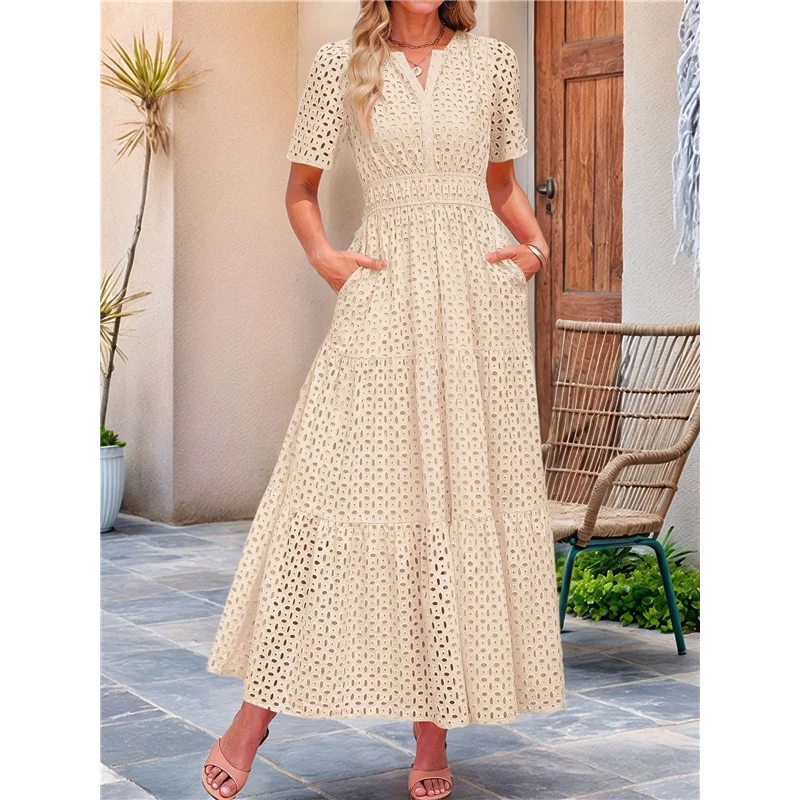 ASDS-Women's Summer Short Sleeve Maxi Dress Casual V Neck Hollow Out Eyelet Ruffle Swing A Line Long Dresses
