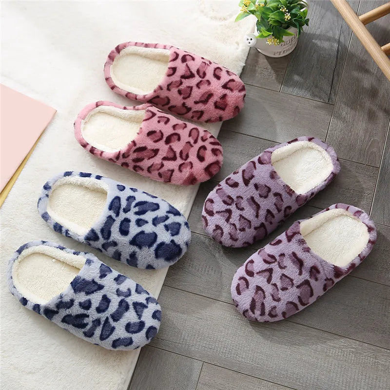 Indoor Bedroom Women Men Couples Floor Shoes Winter Household Fur Slippers Leopard Print Non-Slip Soft Warm House Slides