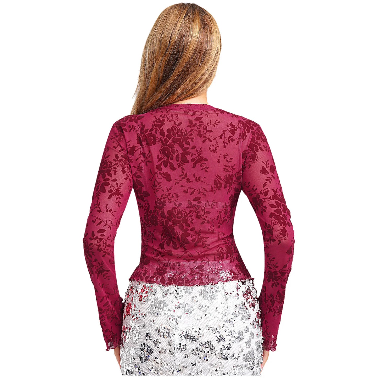 Womens Sheer Mesh Floral Crop T-shirt Tops Long Flared Sleeve V Neck Lace Trim Blouses Velvet Flocked Slim-fit Blouses Tops