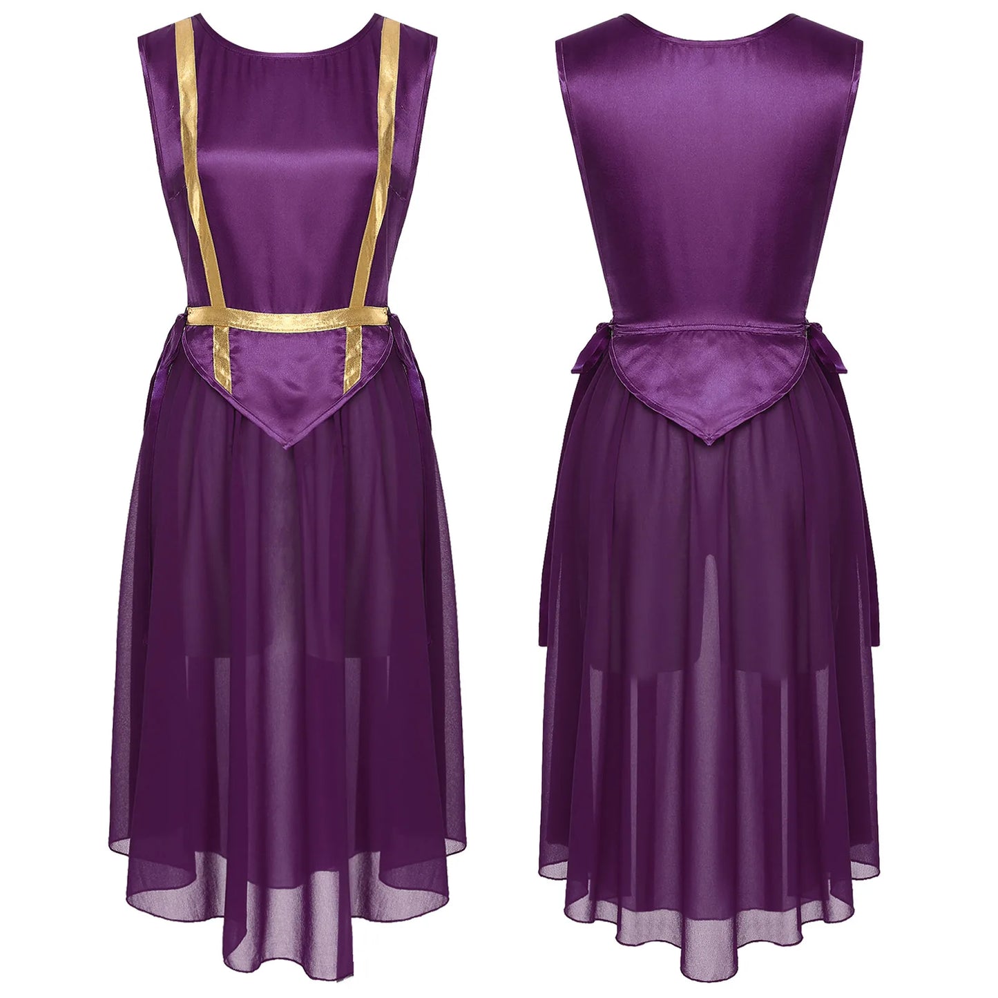 Women Liturgical Dance Choir Performance Costume Round Neck Sleeveless Lace-up Sides Split Satin Tunic Church Worship Dress Gown