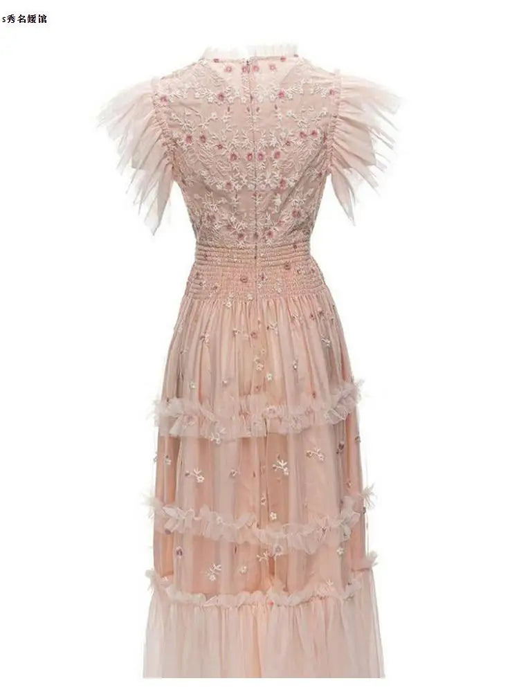 Embroidered Floral Flying Sleeve Lady Dress 2025 Summer O-Neck Elastic Waist Ruffles Mesh Women's Long Dresses