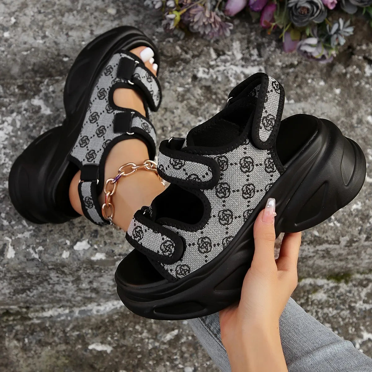 Women’s Wedge Sandals 2024 – Thick Platform Slippers with Hook‑and‑Loop Strap