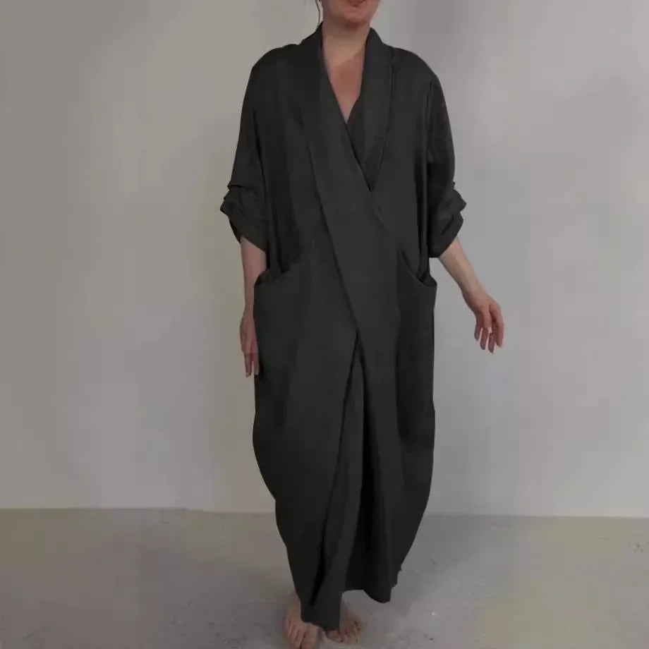 Women Loose Long Maxi Dress V Neck Full Length High Waist Solid Color Ankle Length Dress Summer
