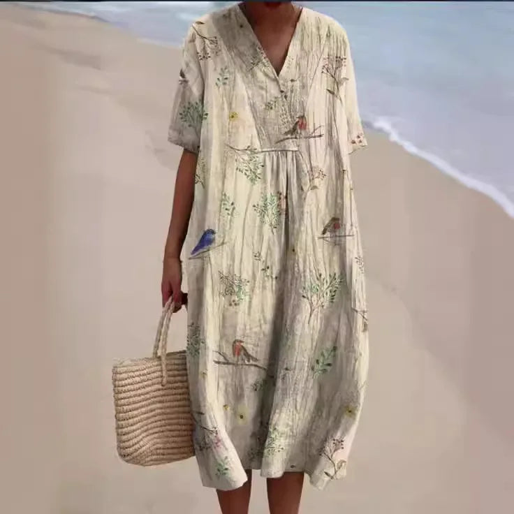 Women Floral Print Summer Maxi Dresses Colorful V Neck Short Sleeve Casual Loose Vacation Workout Beachwear Dress Robe Traf 2025