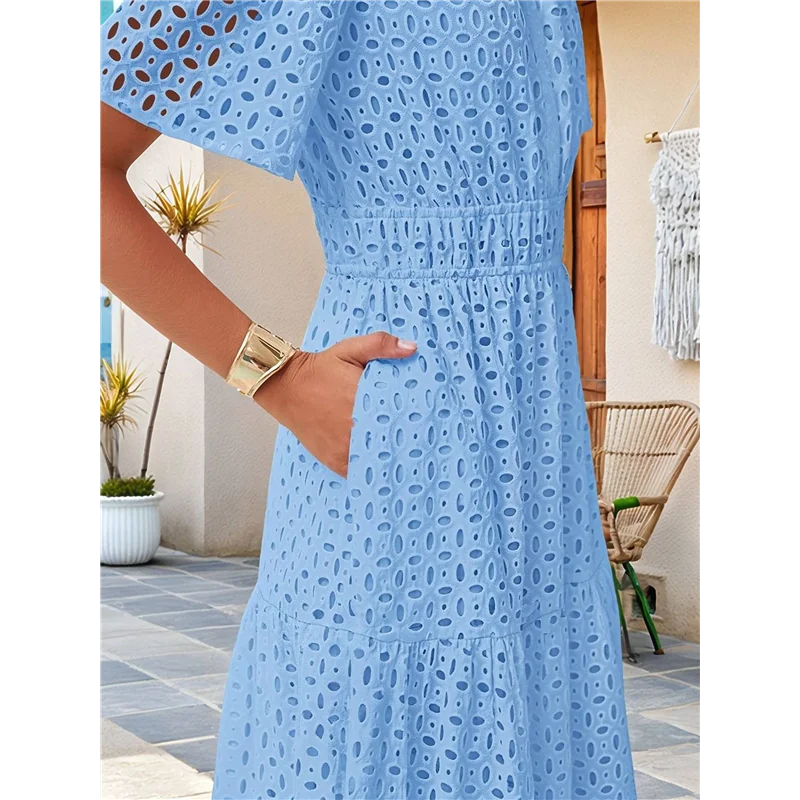 ASDS-Women's Summer Short Sleeve Maxi Dress Casual V Neck Hollow Out Eyelet Ruffle Swing A Line Long Dresses