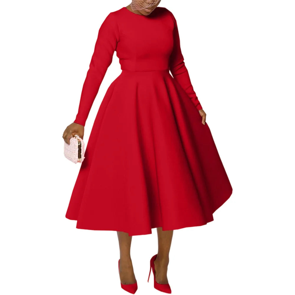Elegant Church Dresses for Woman 2025 Fall Long Sleeve O Neck High Waisted A-Line Midi Calf Party Cocktail Dress with Pockets