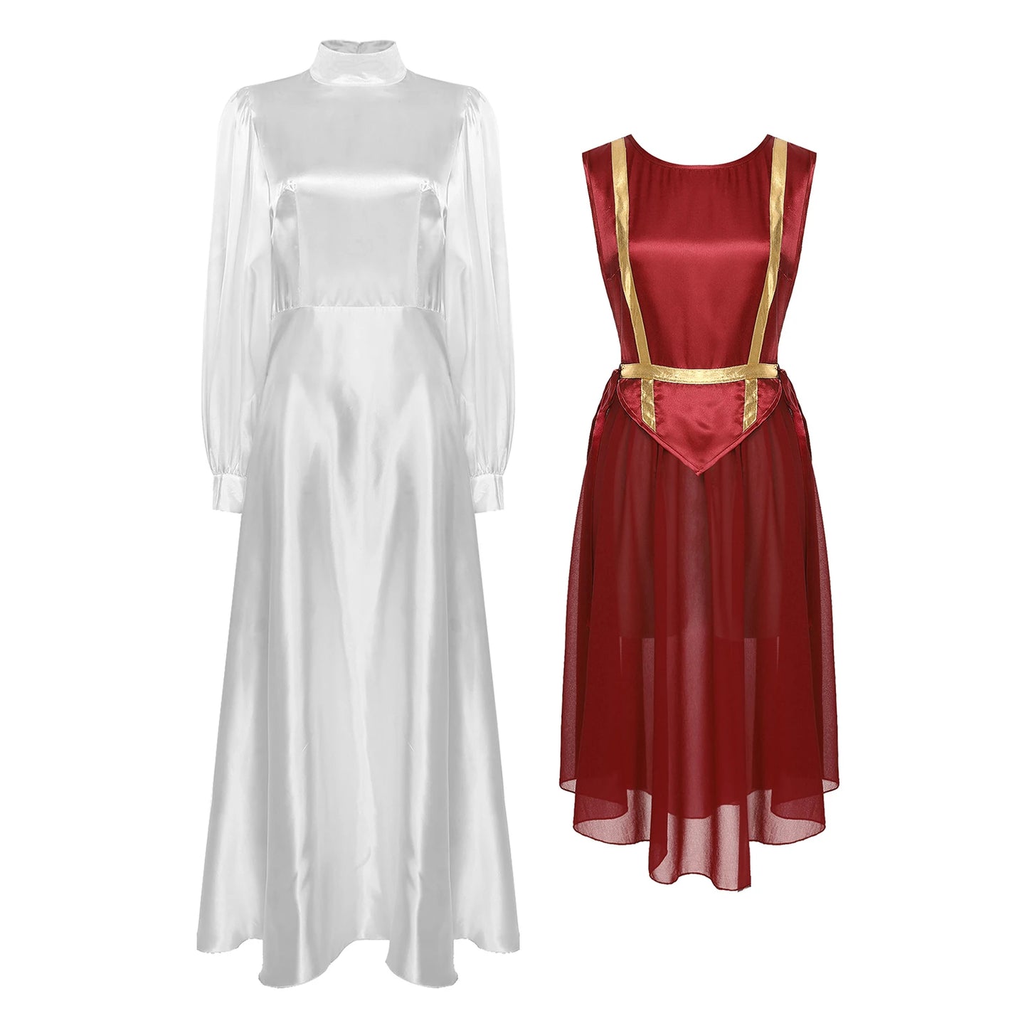 Women Liturgical Dance Choir Performance Costume Round Neck Sleeveless Lace-up Sides Split Satin Tunic Church Worship Dress Gown