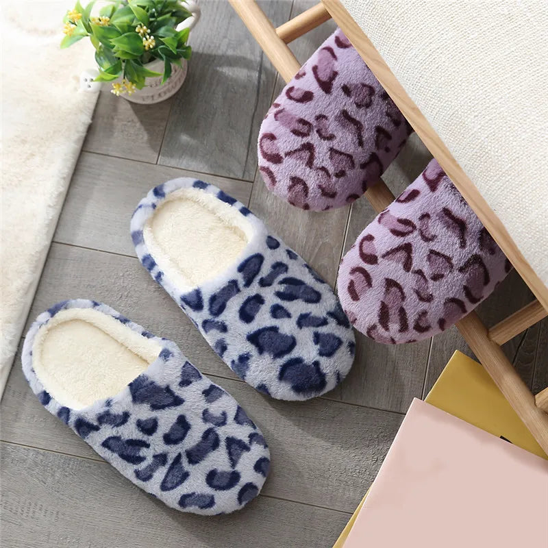 Indoor Bedroom Women Men Couples Floor Shoes Winter Household Fur Slippers Leopard Print Non-Slip Soft Warm House Slides