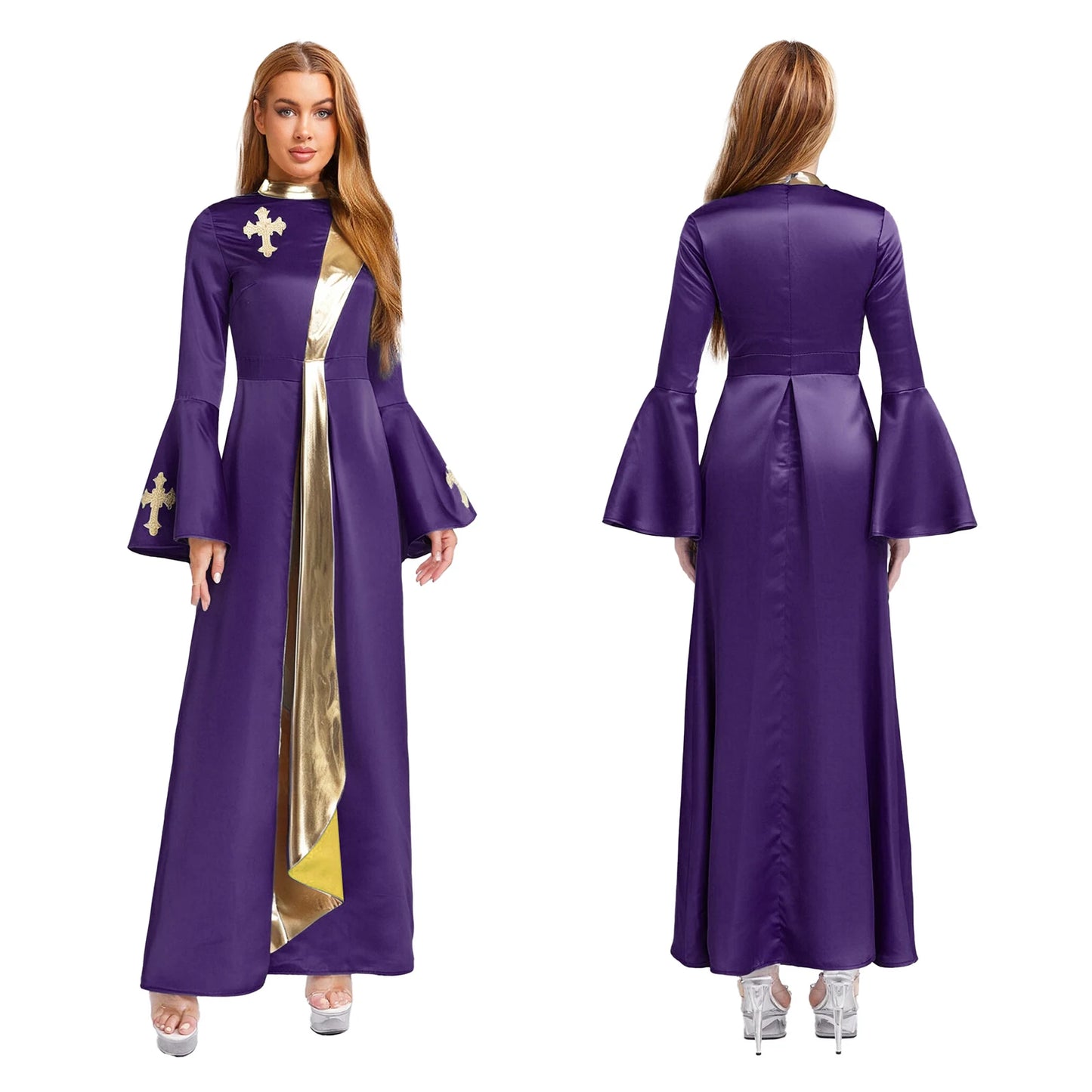 Womens Metallic Shiny Church Priest Clergy Robe Tunic Dress Long Sleeve with Flared Cuffs Cassock Halloween Cosplay Costume