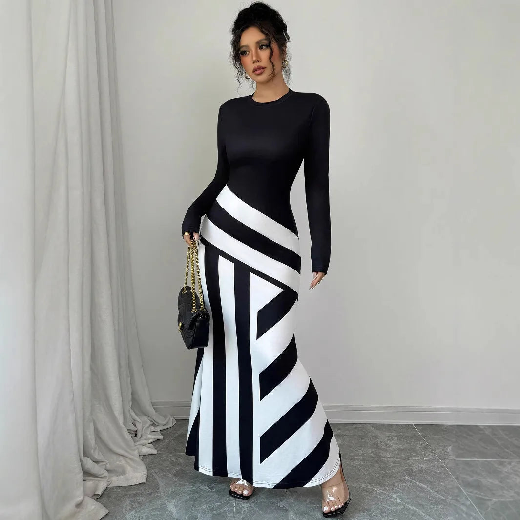 Women Long Sleeve Black White Striped Bodycon Maxi Long Mermaid Dress 2025 Autumn Streetwear Evening Party Vestidos Sexy Dresses