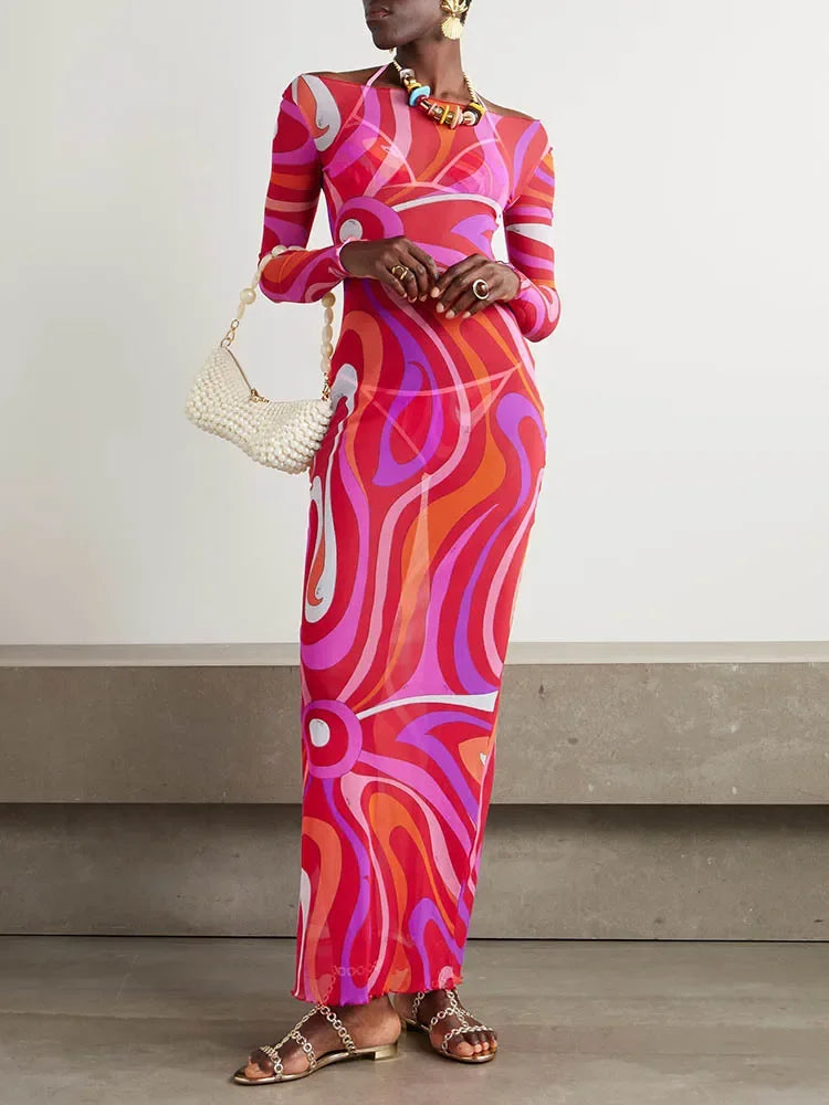Elegant Striped Print Sexy Maxi Dress For Women Mesh See Through Patchwork Long Sleeve Beach Club Party Long Dresses