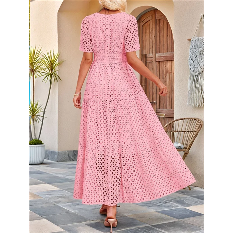 ASDS-Women's Summer Short Sleeve Maxi Dress Casual V Neck Hollow Out Eyelet Ruffle Swing A Line Long Dresses
