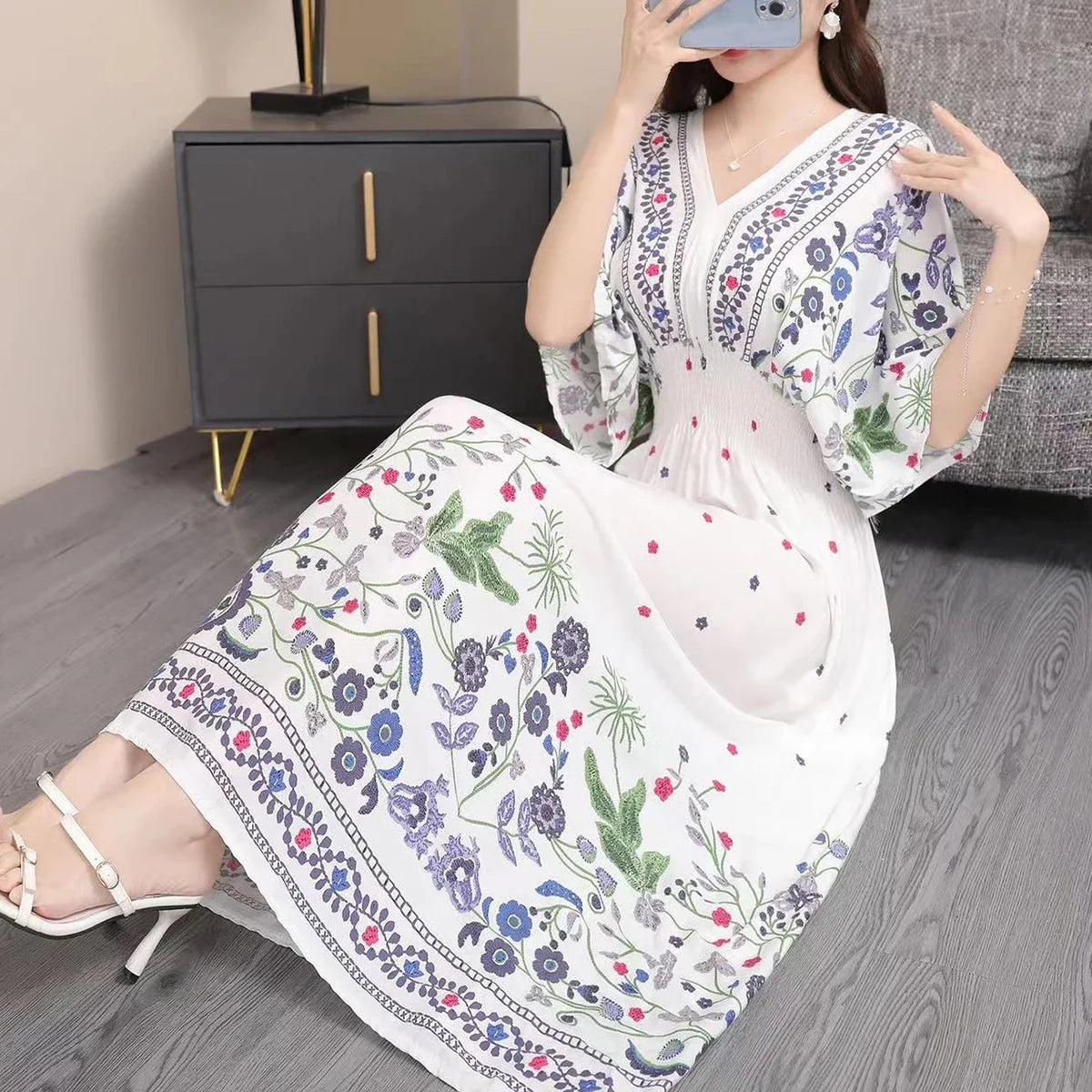THHONE Vestidos De Mujer Casuales Dress Women Maxi Long Boho New Vacation Indian Robe Femmes Casual Floral V Neck Elastic Cotton