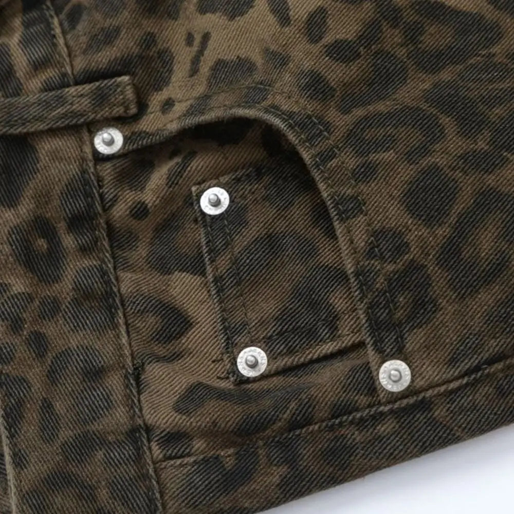 Simple Baggy Leopard Print Jeans Straight Leg Retro Cowboy Pants Ins Style Wide Leg High Waist Pants Party