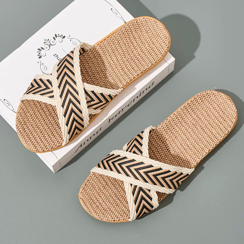 Ladies Linen Indoor Slippers Lightweight Comfortable Home Slippers Breathable Summer Slip-On Sandals