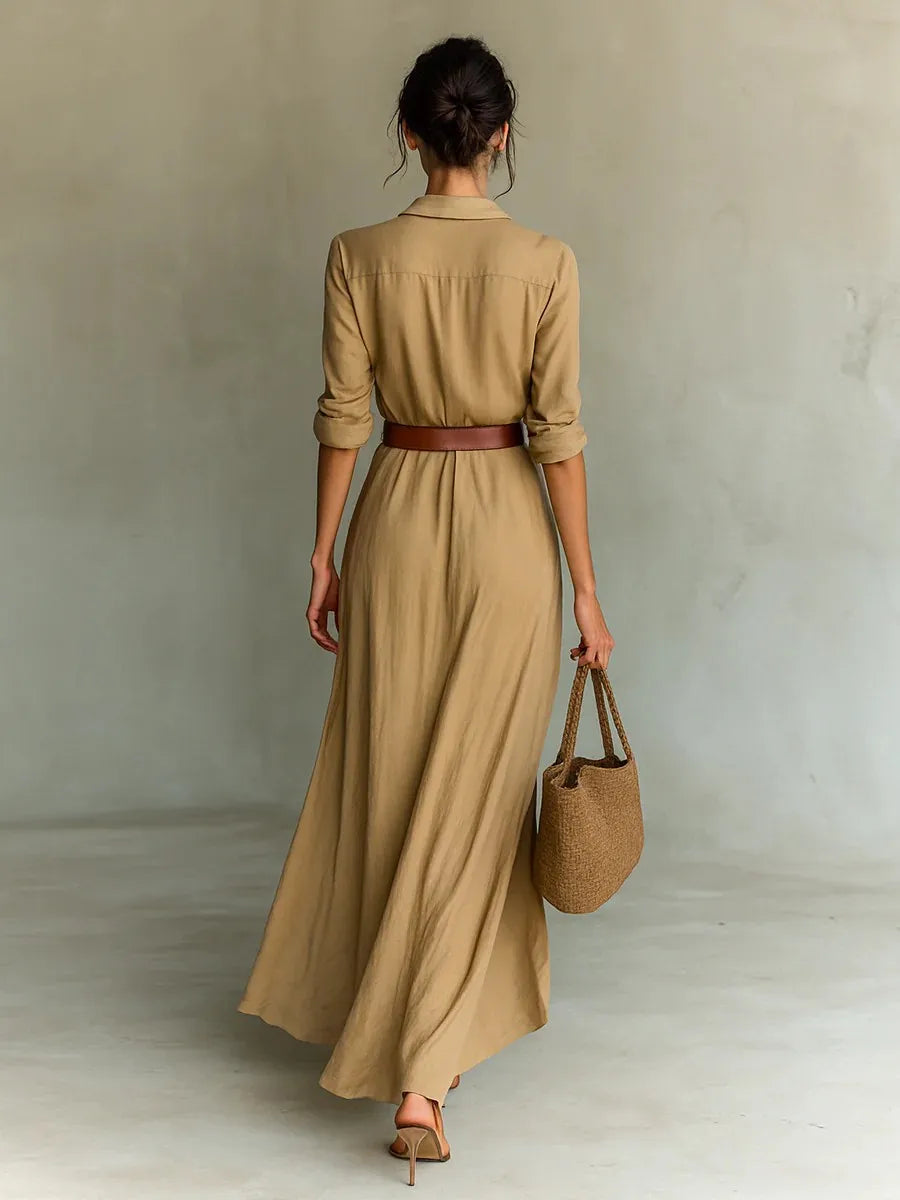 Elegant Shirt Maxi Dress with Belt Women Autumn Turn Down Collar Buttons Long Sleeve Robe Streetwear Office Ladies Dresses Black