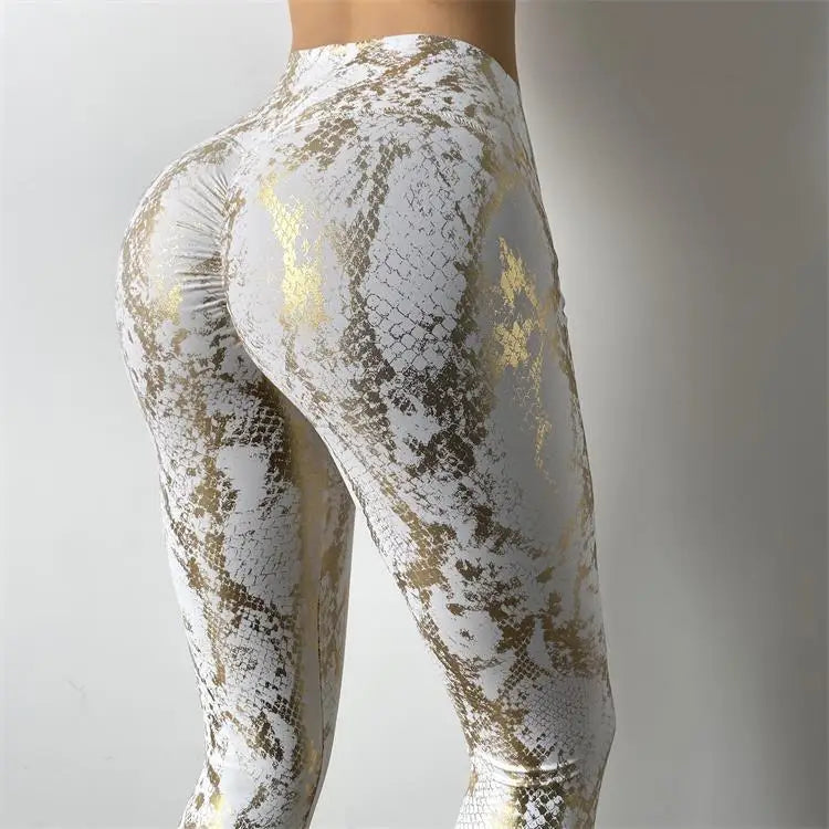Skin Tight Stretch Gold-Foil Yoga Pants European-Style Cross-Border Snake Print Peach-Butt Fitness Pants High-Waisted Slimming