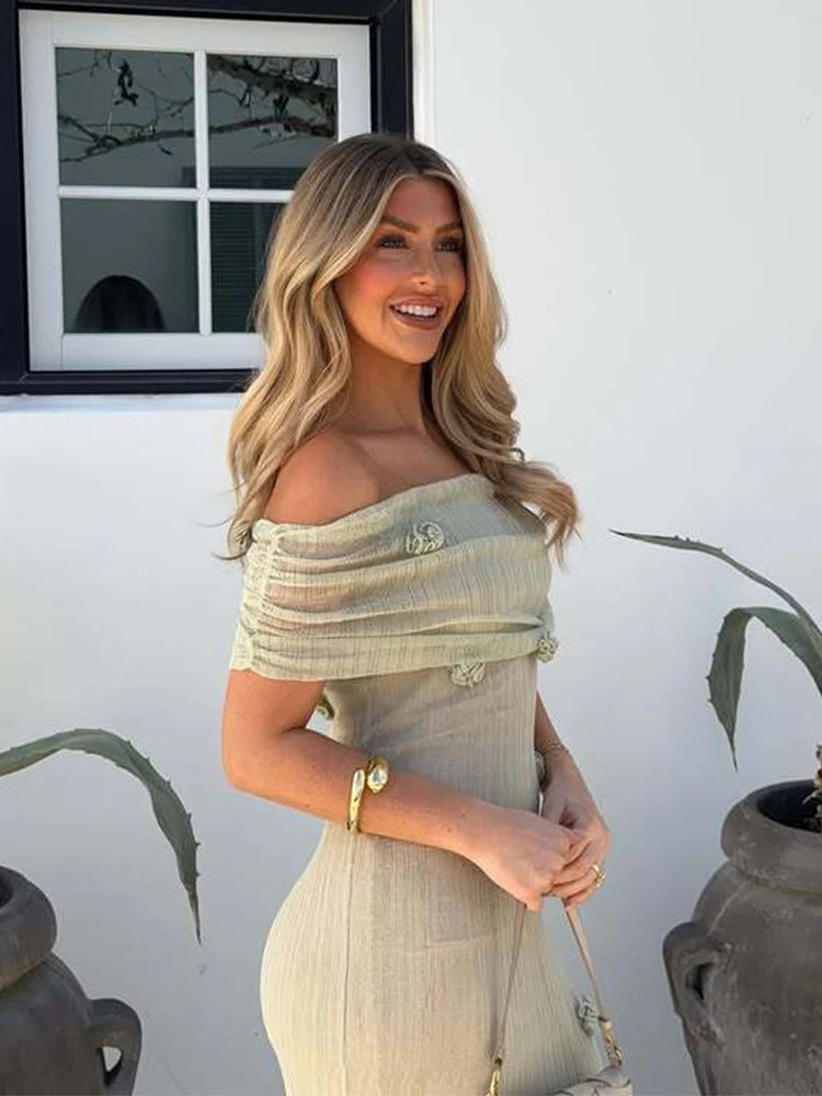 Elegant 3D Flower Off Shoulder Knitted Maxi Dress for Women Silm Backless Long Dresses for Women 2025 Spring New Evening Party R
