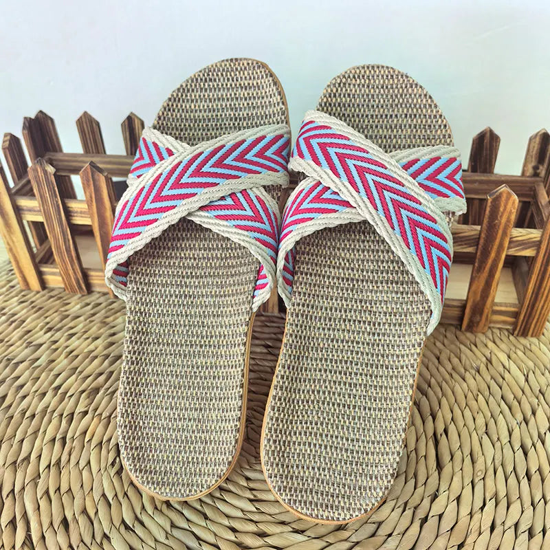 Ladies Linen Indoor Slippers Lightweight Comfortable Home Slippers Breathable Summer Slip-On Sandals