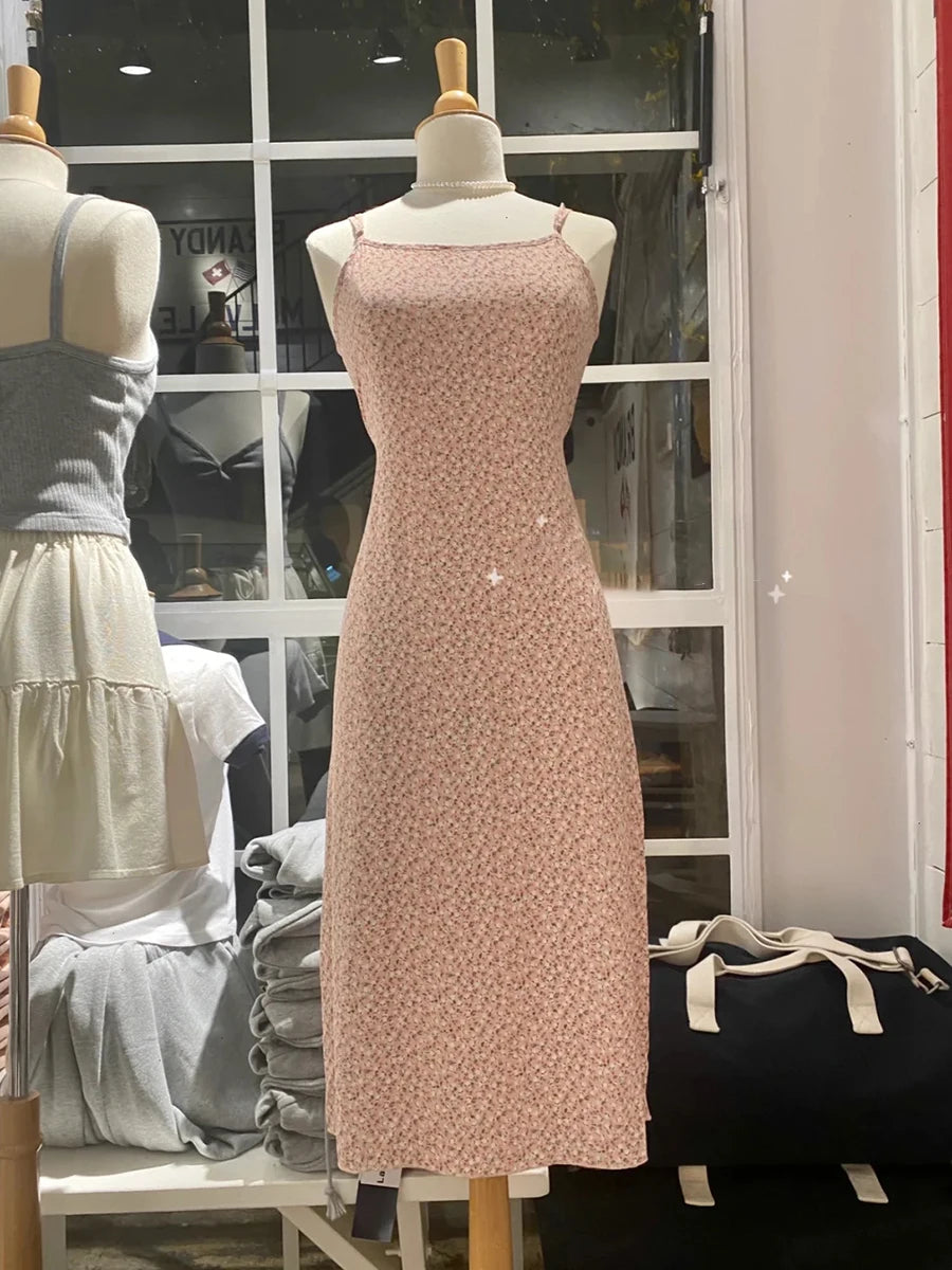 Floral Print Lace-up Maxi Dress Women Summer Blue Sleeveless A-line Long Dresses Female Casual Vintage Sweet Cute Vestidos New