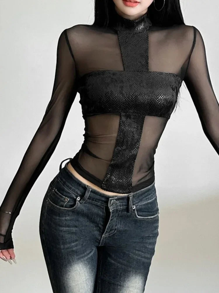 Long Sleeve Mesh T Shirts For Women Edgy Clothes Y2k Accessories Black Crop Top See Through Camisetas Skinny Sexy Ropa De Mujer