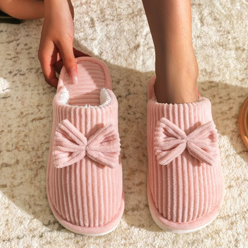Women’s Bowknot Plush Slippers – Cozy Indoor Fleece Slides