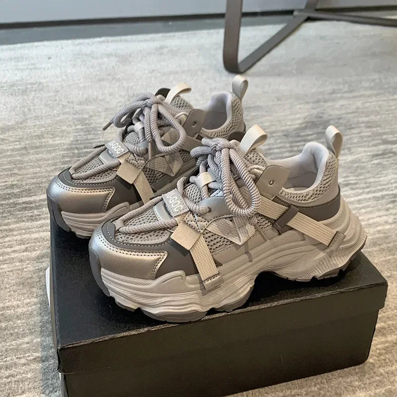Women's Chunky Sneakers Breathable Mesh Platform Sports Shoes Woman Fashion Lace Up Thick Sole Casual Mujer 2024
