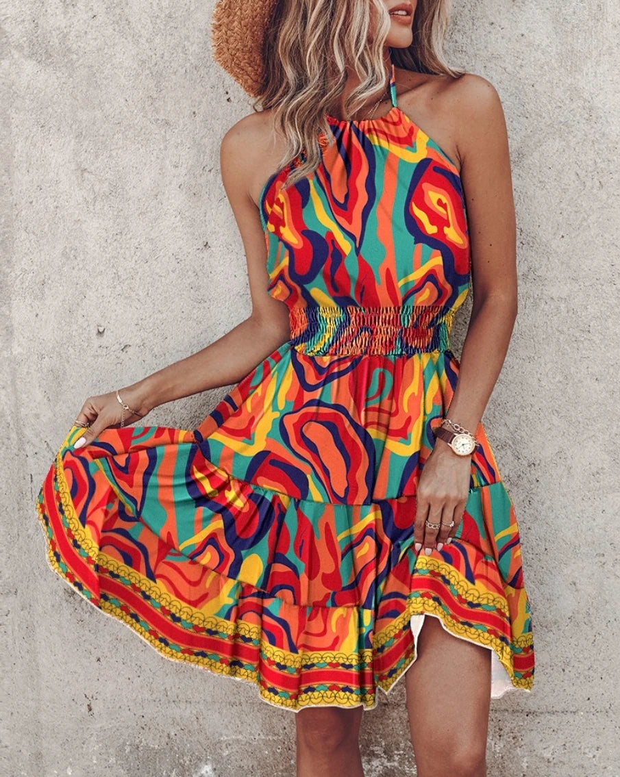 Elegant Floral Pleated H shaped Midi Dress Female V Neck Puff Sleeve Waist Ruched Button Dresses Women Summer Dress