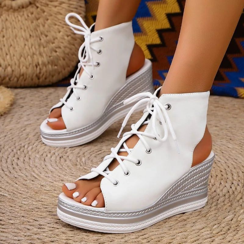 Wedge Sandals Women Summer New Round Toe Open Toe Front Strappy Platform Non-Slip Wear-Resistant Back Empty Heels Shoes