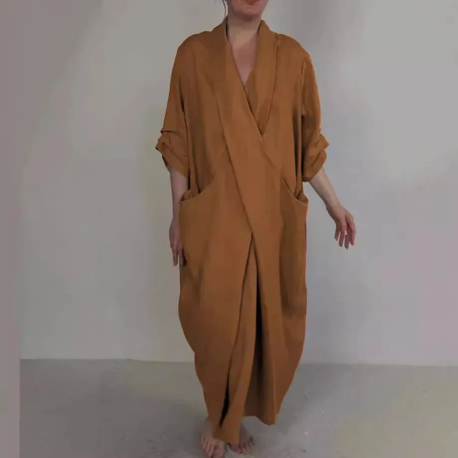 Women Loose Long Maxi Dress V Neck Full Length High Waist Solid Color Ankle Length Dress Summer