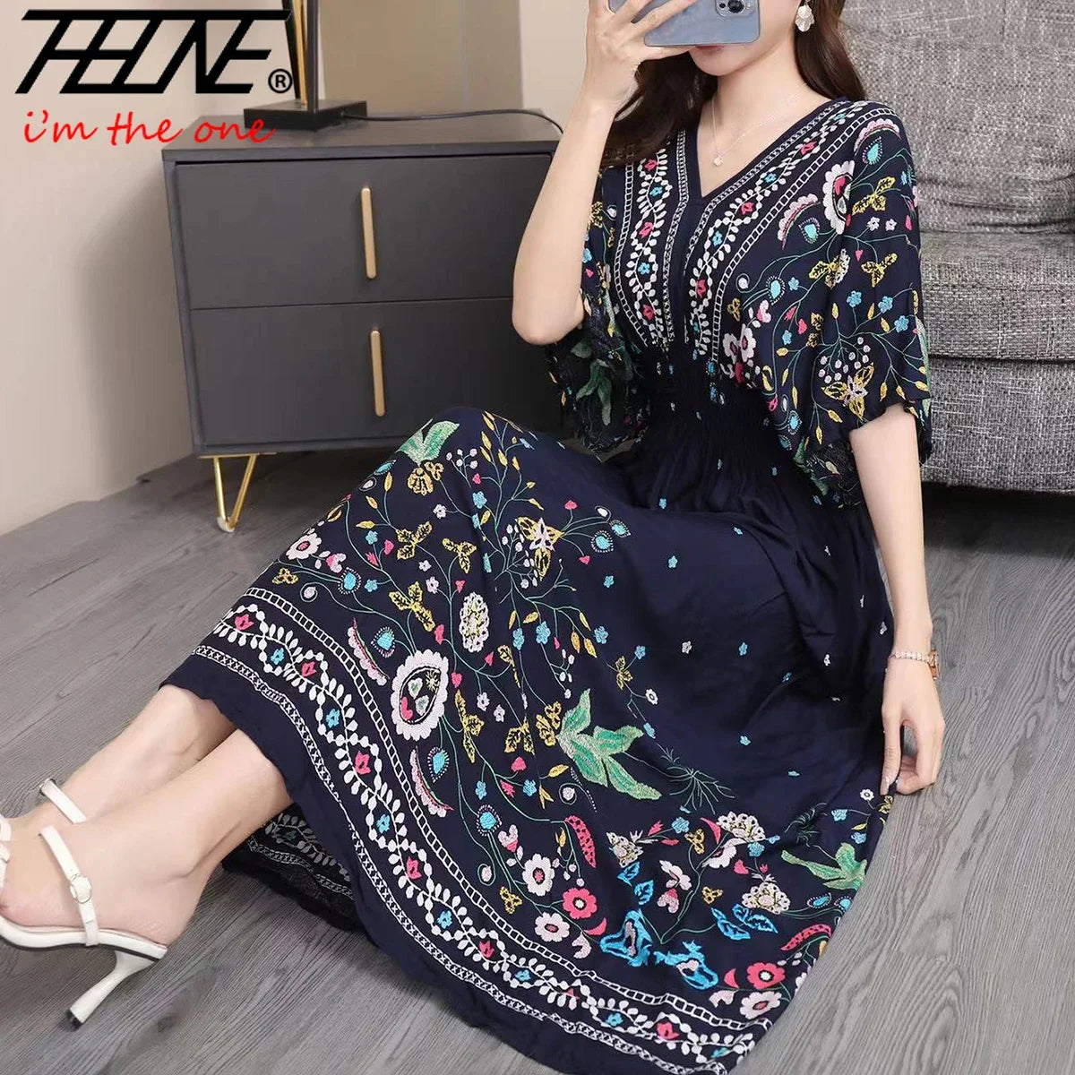 THHONE Vestidos De Mujer Casuales Dress Women Maxi Long Boho New Vacation Indian Robe Femmes Casual Floral V Neck Elastic Cotton