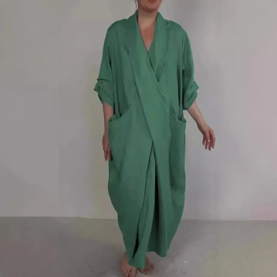 Women Loose Long Maxi Dress V Neck Full Length High Waist Solid Color Ankle Length Dress Summer