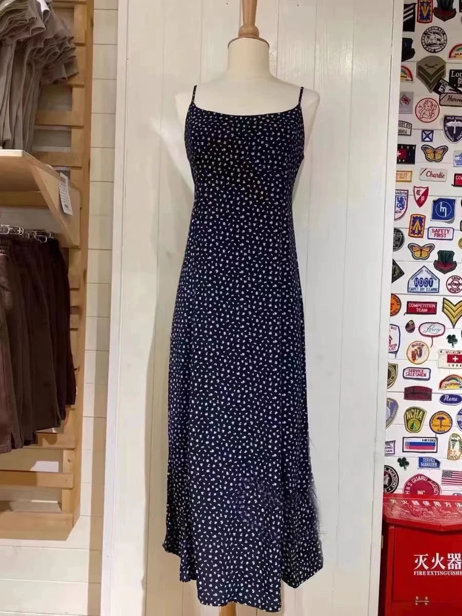 Floral Print Lace-up Maxi Dress Women Summer Blue Sleeveless A-line Long Dresses Female Casual Vintage Sweet Cute Vestidos New
