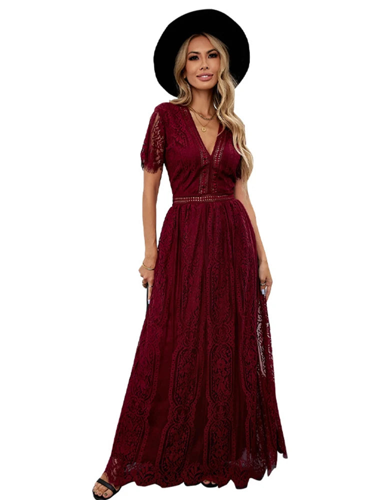 Summer Floral Lace Dress Women Elegant Party White Maxi Dress V Neck Wedding Long Dress Short Sleeve Hollow Out Woman Dress