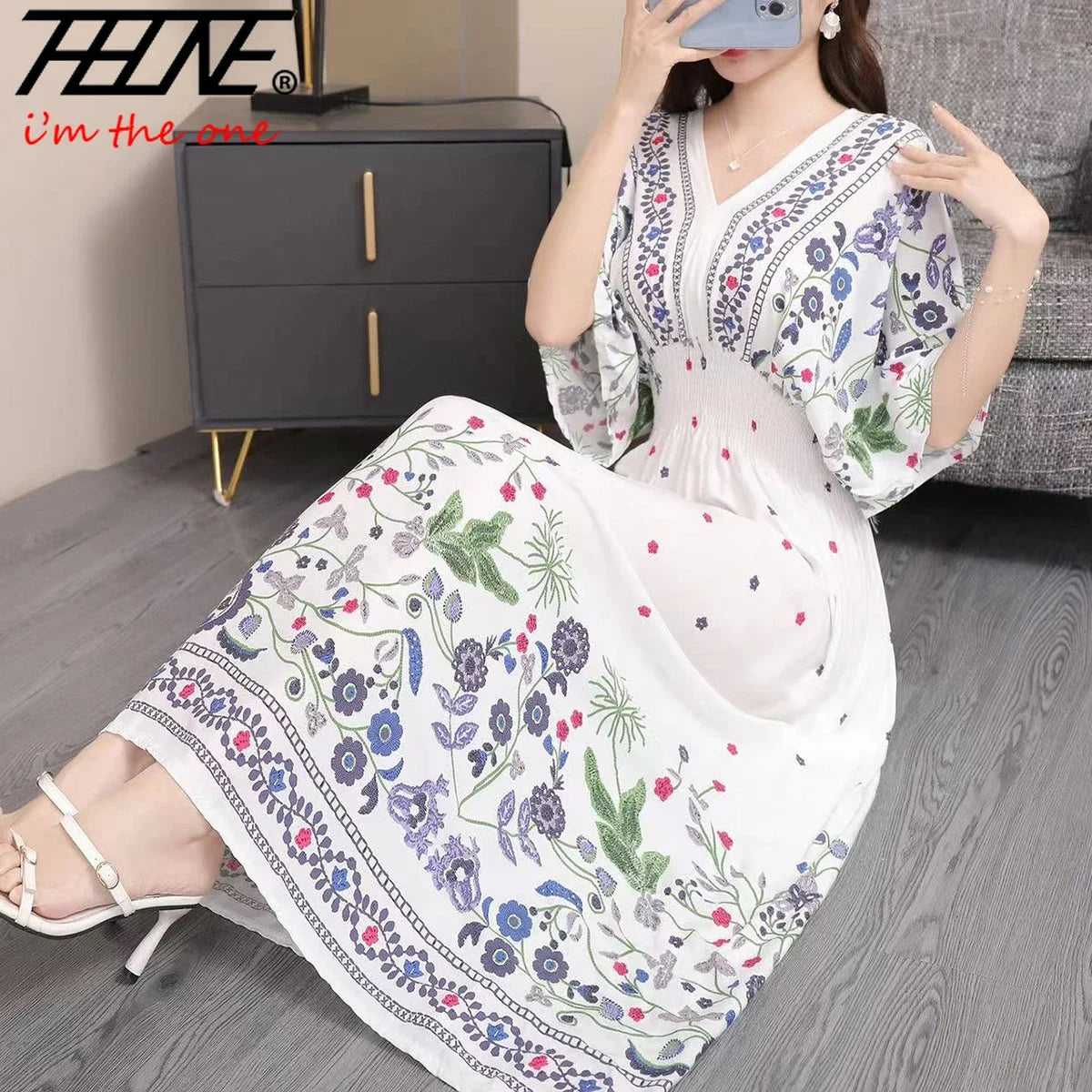 THHONE Vestidos De Mujer Casuales Dress Women Maxi Long Boho New Vacation Indian Robe Femmes Casual Floral V Neck Elastic Cotton